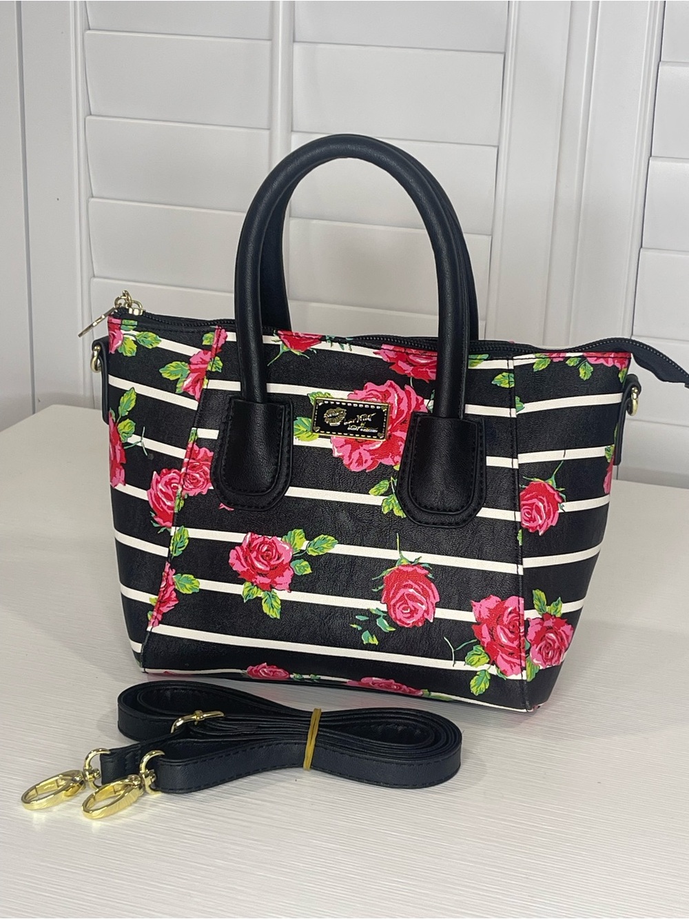 Luv Betsy Floral Stripe Mini Satchel Handbag with Crossbody Strap